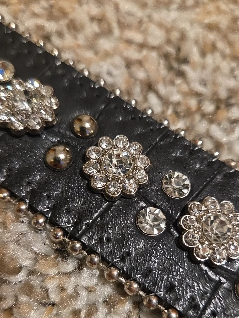 Black Western Belt with Rhinestone Floral Details and Silver Buckle